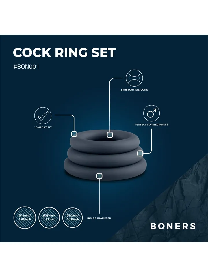 Boners 3-Piece Cock Ring Set Grey - Gaidžio žiedo rinkinys 2 [full]
