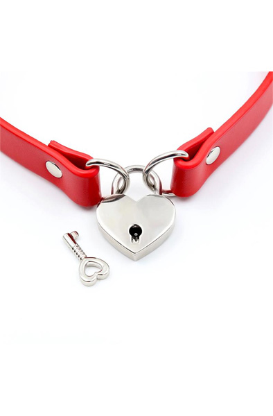 Collar With Heart Lock Vegan Leather Red - BDSM Dūsintuvas (Chokeris) 2