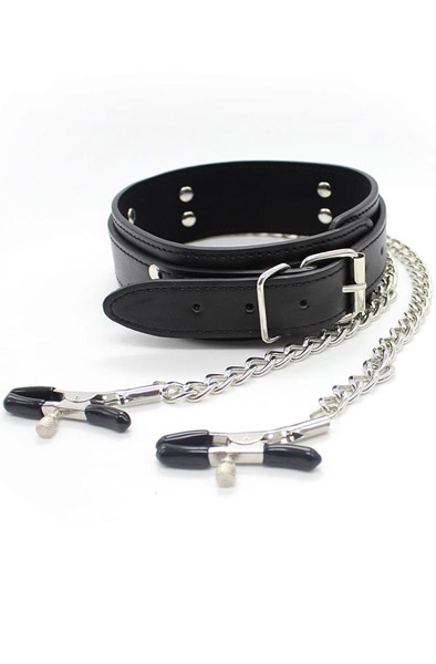 Collar With Nipple Clamps & Metal Chain - Karoliai su krūties spaustukais 1