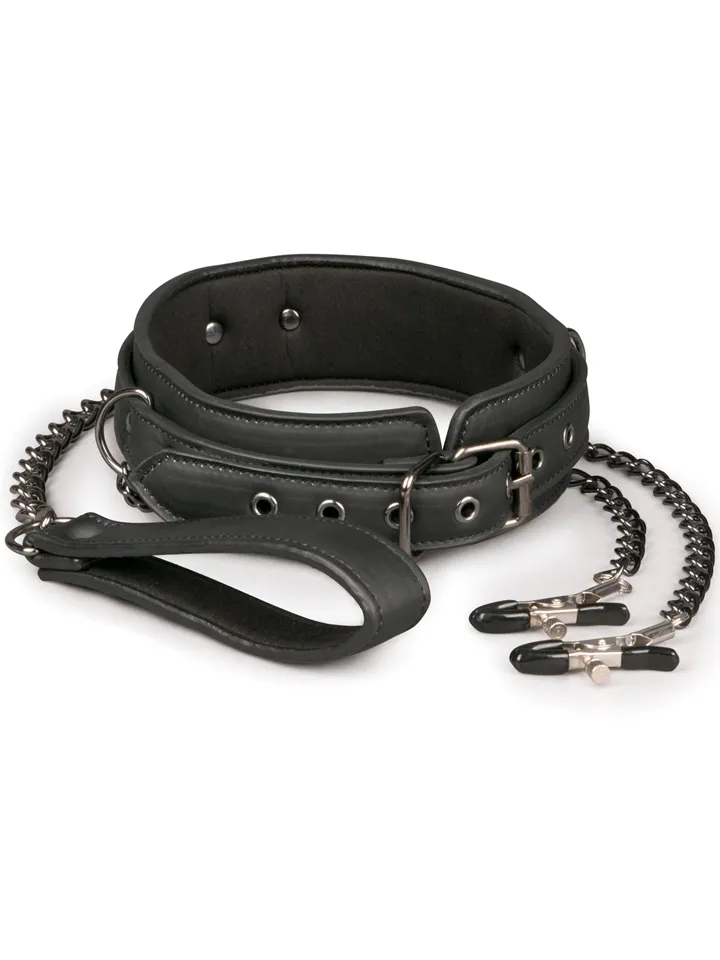 Easytoys Leather Collar With Nipple Chains - Karoliai su krūties spaustukais 1