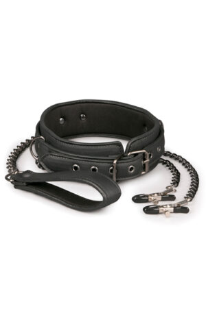 Easytoys Leather Collar With Nipple Chains - Karoliai su krūties spaustukais 1