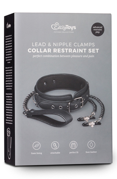 Easytoys Leather Collar With Nipple Chains - Karoliai su krūties spaustukais 2