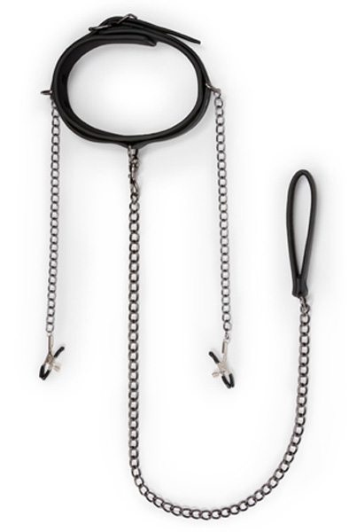 Easytoys Leather Collar With Nipple Chains - Karoliai su krūties spaustukais 3