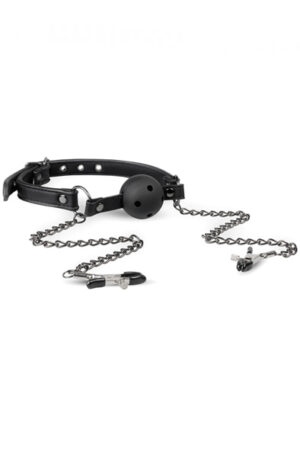 Easytoys Open Ball Gag With Nipple Clamps - Gagball su krūtinės spaustukais 1