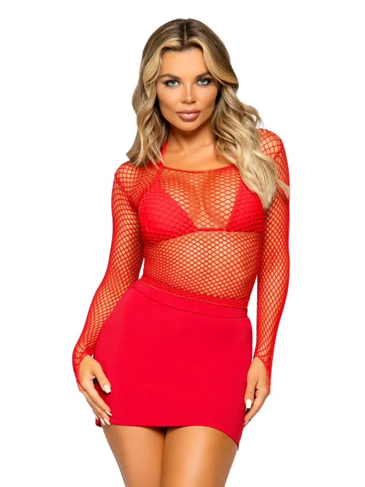 Elastane Long Sleeved Fishnet Shirt Red - Tinklinis viršus 1 [full]