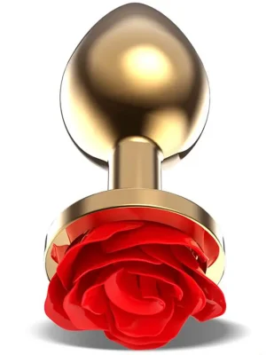 Golden Metal Anal Plug With Red Rose Medium - Analinis kaištis metalinis 1