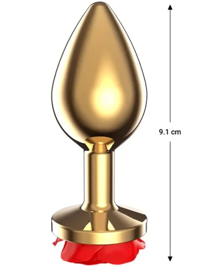 Golden Metal Anal Plug With Red Rose Medium - Analinis kaištis metalinis 2