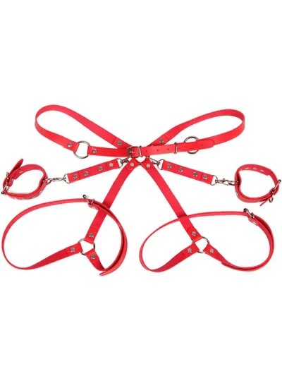 Handcuffs With Bondage Belt Red One Size - Šlaunų ir riešo rankogalių komplektas 4