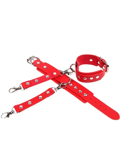 Handcuffs With Bondage Belt Red One Size - Šlaunų ir riešo rankogalių komplektas 5