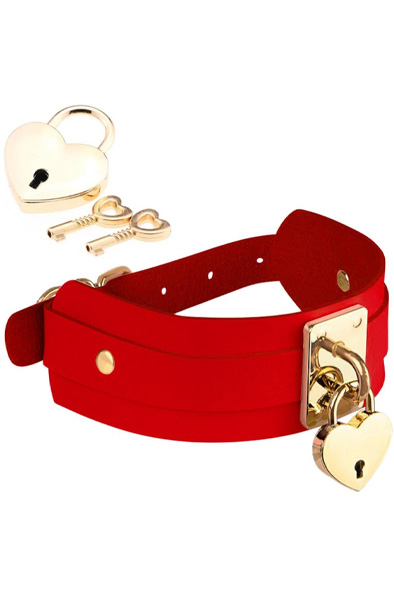 Heart Lock & Key Collar Gold/Red - BDSM Dūsintuvas (Chokeris) 2
