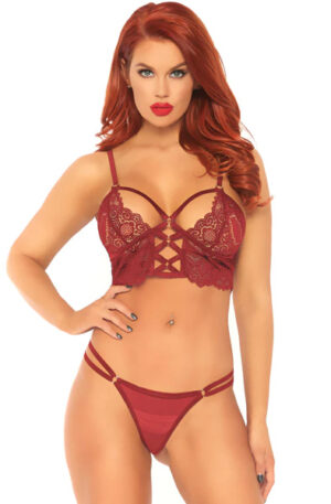 Lace Bralette With Sheer Thong Burgundy - Seksualus apatinis trikotažas 1