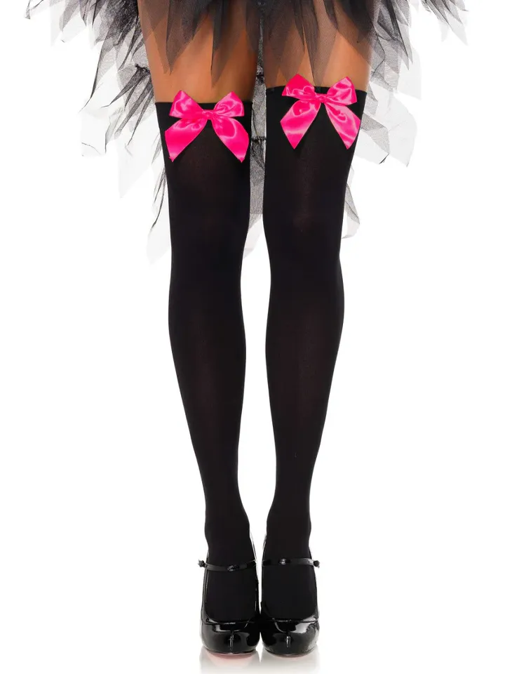 Nylon Thigh Highs With Bow Black/Pink - Kojinės 1 [full]