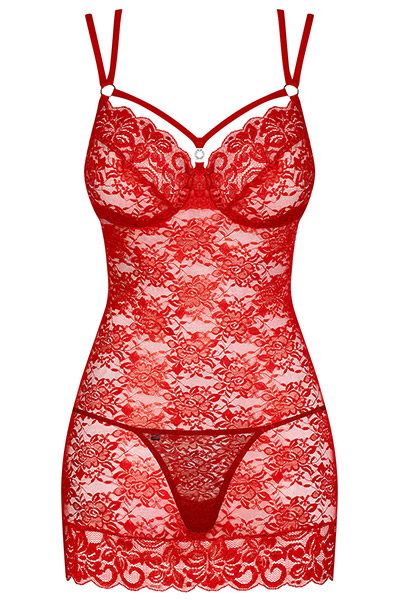 Obsessive 860-CHE-3 Chemise & Thong Red - Seksualus apatinis trikotažas 3
