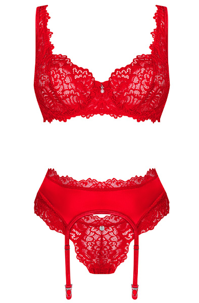 Obsessive Amor Cherris 3-pcs Set Red - Liemenėlės ir Liemenėlių rinkinys 3
