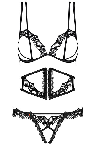 Obsessive Bravelle 3-pcs Set Black - Seksualus apatinis trikotažas 3