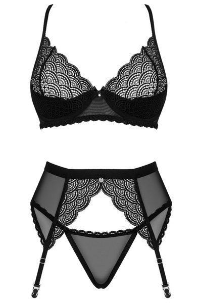 Obsessive Chemeris 3-pcs Set Black - Liemenėlės ir Liemenėlių rinkinys 3