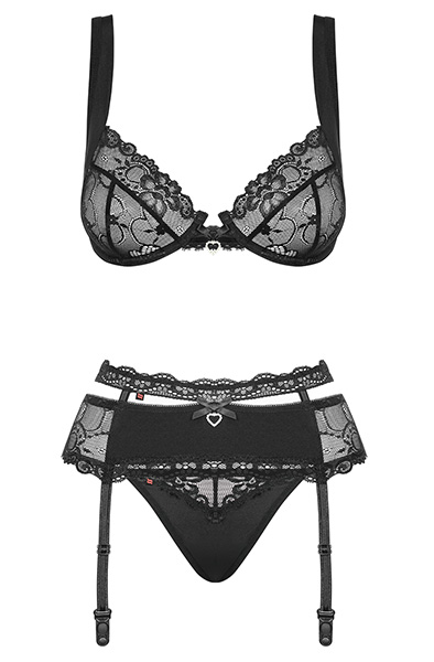 Obsessive Heartina 3 pcs Set Black - Seksualus apatinis trikotažas 4