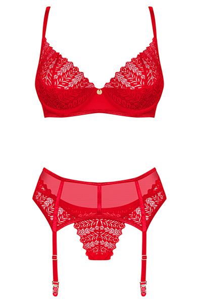 Obsessive Ingridia 3-pcs Set Red - Liemenėlės ir Liemenėlių rinkinys 3