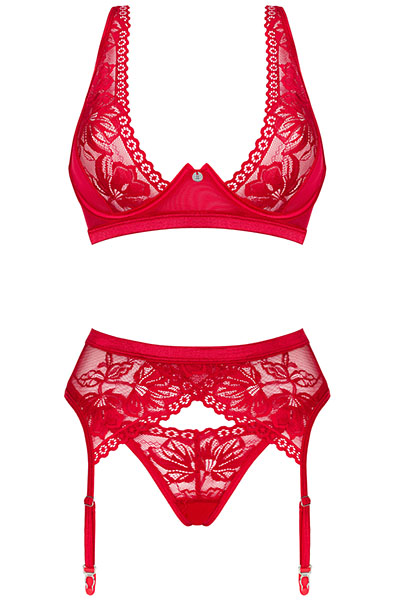 Obsessive Lacelove 3-pcs Set Red - Seksualus apatinis trikotažas 3