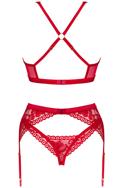 Obsessive Lacelove 3-pcs Set Red - Seksualus apatinis trikotažas 4