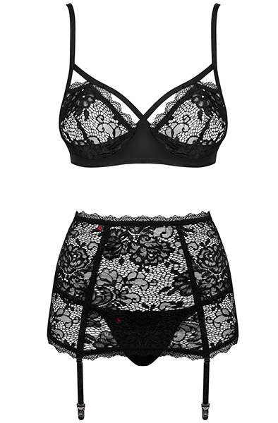 Obsessive Peonesia 3-pcs Set Black - Seksualus apatinis trikotažas 3