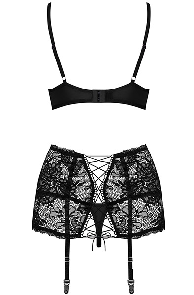 Obsessive Peonesia 3-pcs Set Black - Seksualus apatinis trikotažas 4