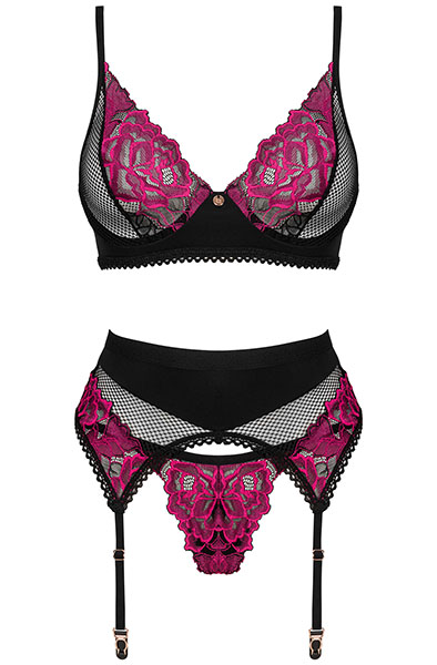 Obsessive Rosenty 3-pcs Set - Seksualus apatinis trikotažas 3