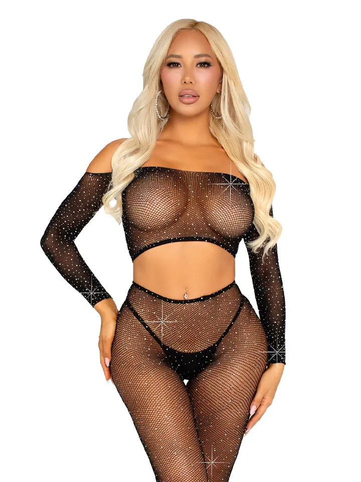Rhinestone Fishnet Crop Top & Legging Black - Bodžiai ir Žaismo kostiumai 1 [full]