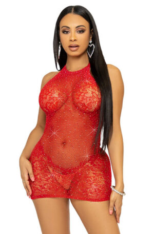 Rhinestone Halter Mini Dress Red - Suknelės ir Sijonai 1