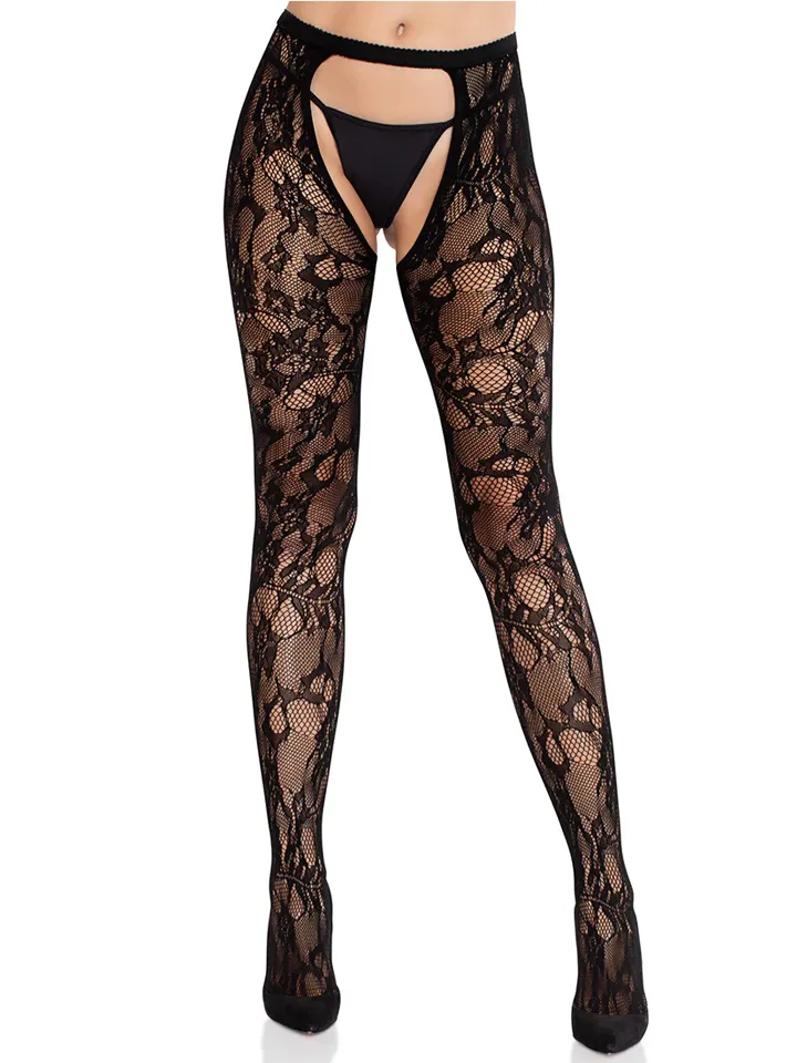 Rose Lace Crotchless Tights With Open Back Black - Kojinės 1 [full]