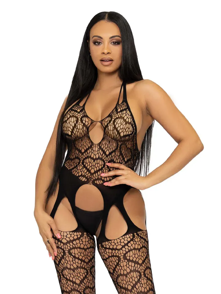 Seamless Heart Net Suspender Bodystocking Black O/S - Kėbulo staklės 1 [full]