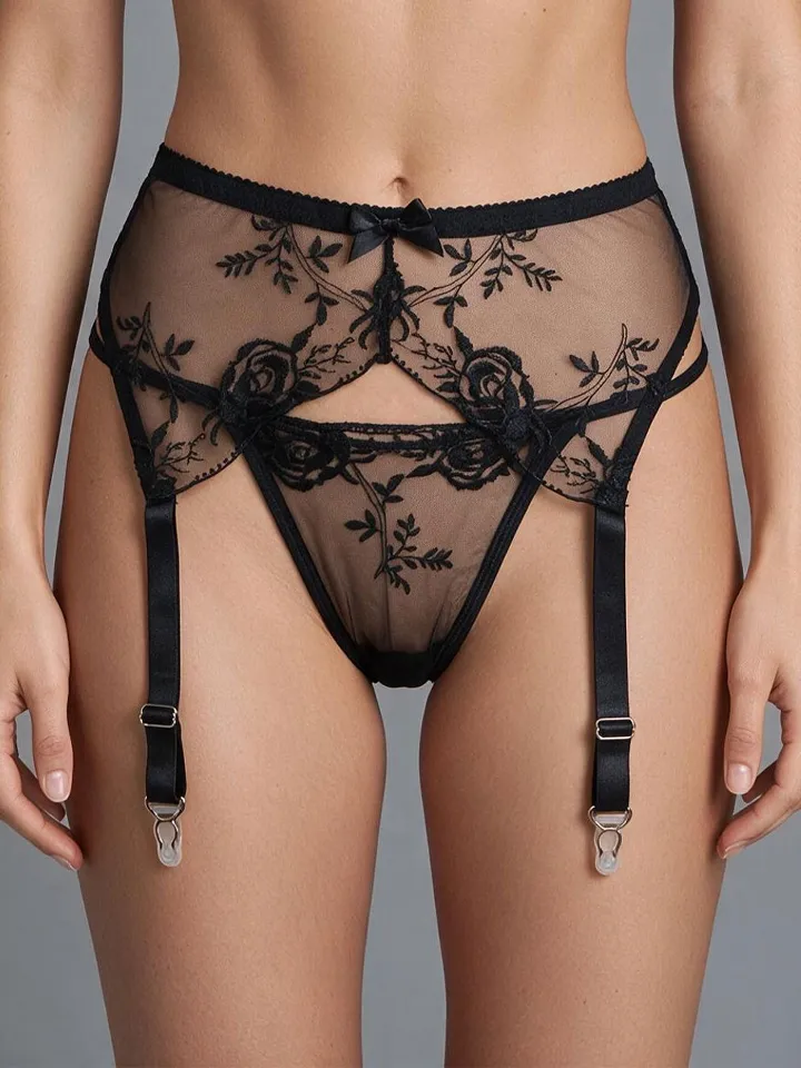 Sexy Embroidery Lace Garter Panty Black - Keliaraiščio diržo laikiklis 1 [full]