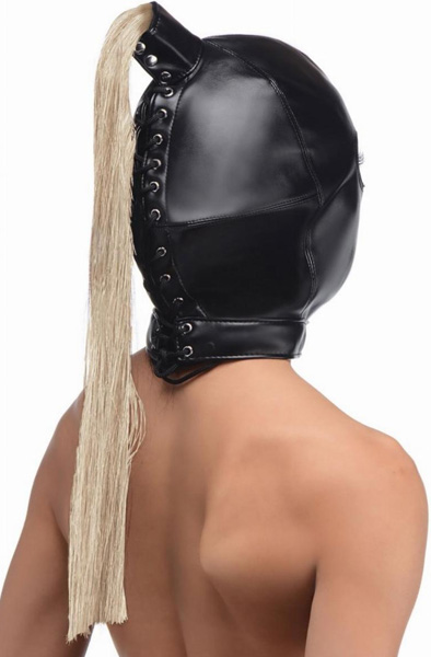 Strict Blonde Ponytail Bondage Hood Black - BDSM kaukė 4