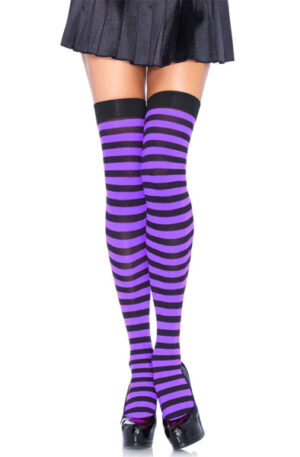 Striped Nylon Thigh Highs Black/Purple - Kojinės 1