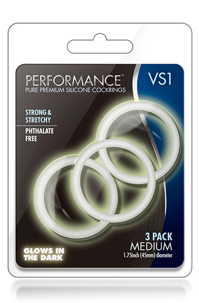 VS1 Cock Rings Medium White Glows In The Dark - Gaidžio žiedo rinkinys 2