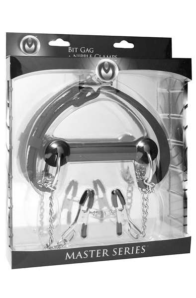 XR Play Hard Silicone Bit Gag with Nipple Clamps - Gagis su krūtinės spaustukais 3